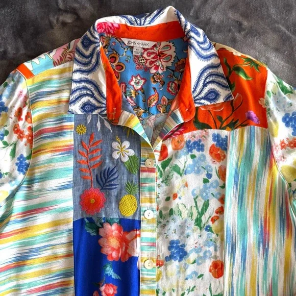 JOHN MARK Patchwork Floral Print Roll Tab Sleeves Tunic Shirt Size M Boho RARE - Picture 3 of 16